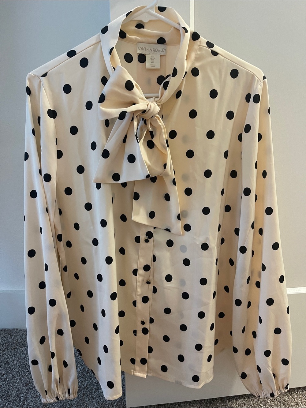 Cynthia Rowley Black Polka Dot Cream Bow-Neck Blouse